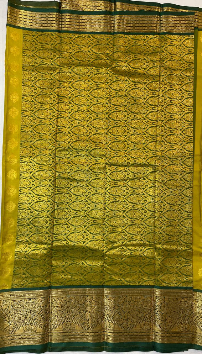 Semi Kanjivaram Silk Saree – Mustard Yellow with Green Zari Border|S22_4