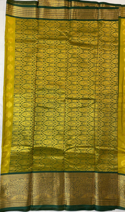 Semi Kanjivaram Silk Saree – Mustard Yellow with Green Zari Border|S22_4