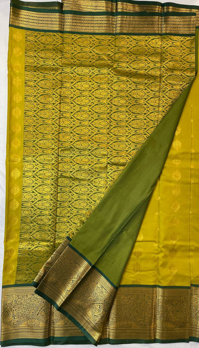 Semi Kanjivaram Silk Saree – Mustard Yellow with Green Zari Border|S22_4
