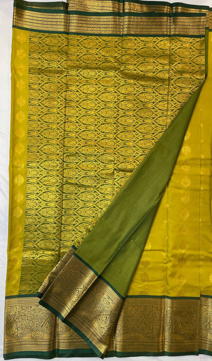 Semi Kanjivaram Silk Saree – Mustard Yellow with Green Zari Border|S22_4