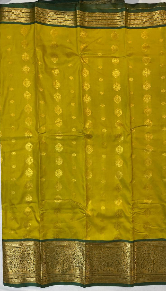 Semi Kanjivaram Silk Saree – Mustard Yellow with Green Zari Border|S22_4