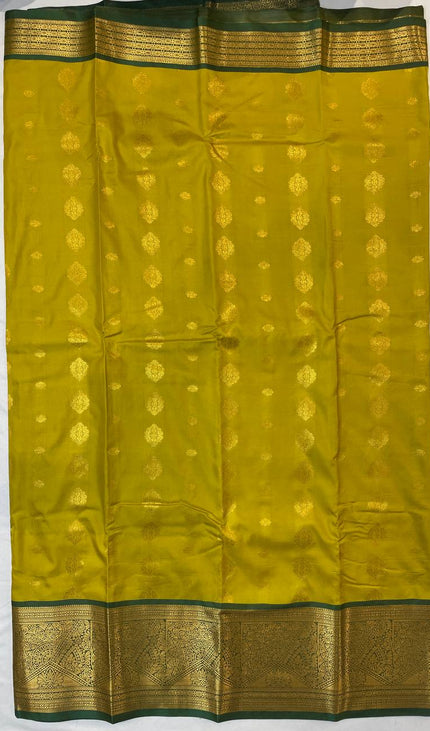 Semi Kanjivaram Silk Saree – Mustard Yellow with Green Zari Border|S22_4