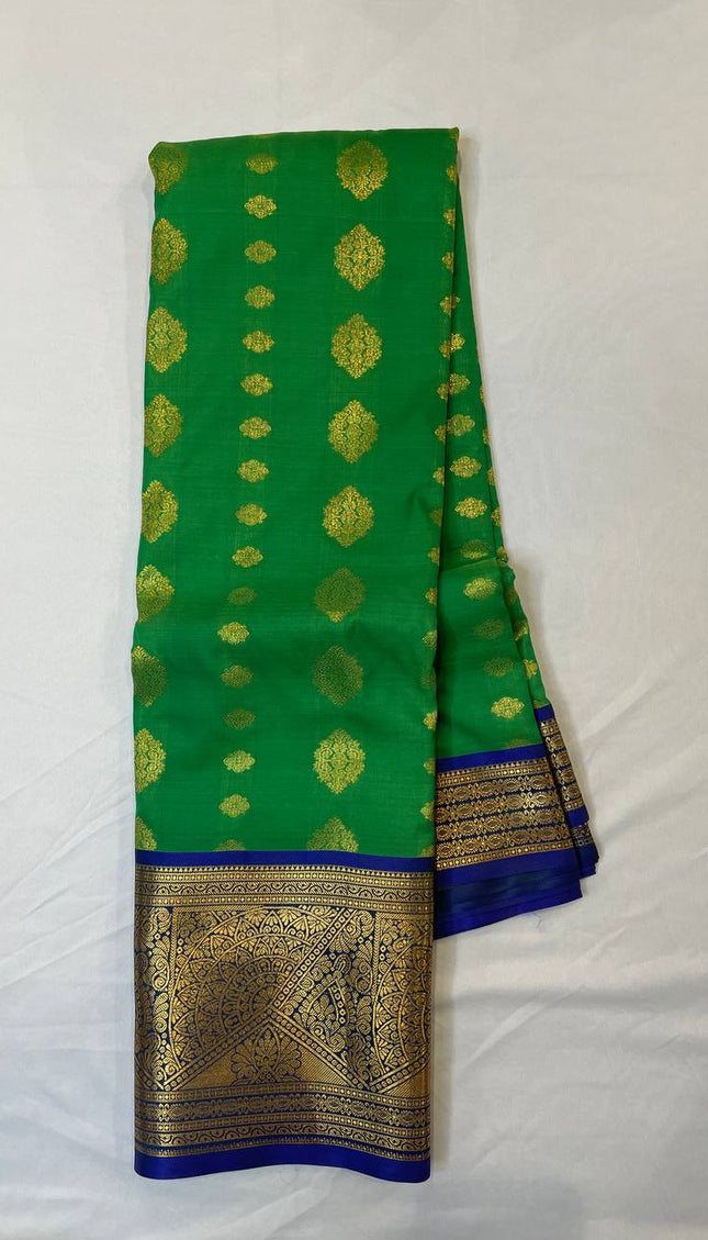 Semi Kanjivaram Silk Saree – Green with Royal Blue Zari Border|S22_1