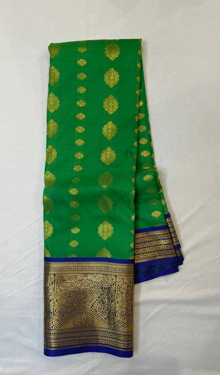 Semi Kanjivaram Silk Saree – Green with Royal Blue Zari Border|S22_1