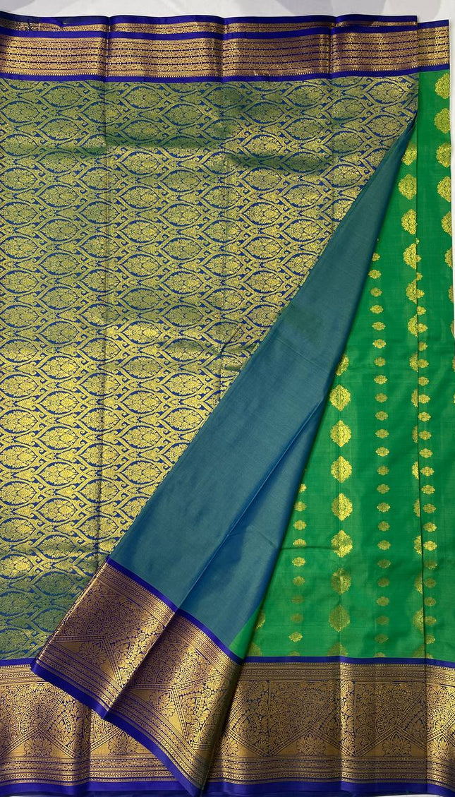 Semi Kanjivaram Silk Saree – Green with Royal Blue Zari Border|S22_1