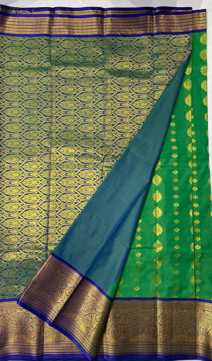 Semi Kanjivaram Silk Saree – Green with Royal Blue Zari Border|S22_1