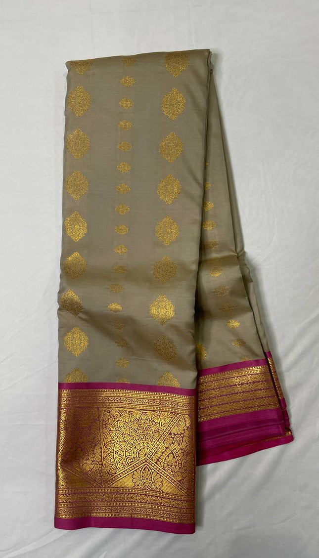 Semi Kanjivaram Silk Saree – Ash Grey with Pink Zari Border|S22_3