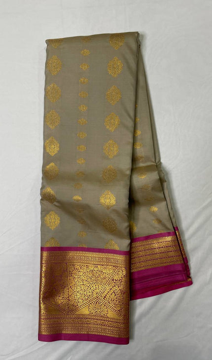 Semi Kanjivaram Silk Saree – Ash Grey with Pink Zari Border|S22_3