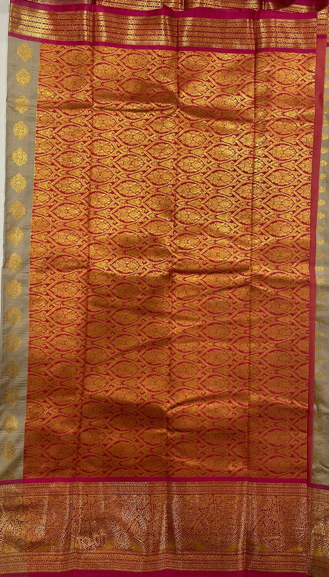 Semi Kanjivaram Silk Saree – Ash Grey with Pink Zari Border|S22_3