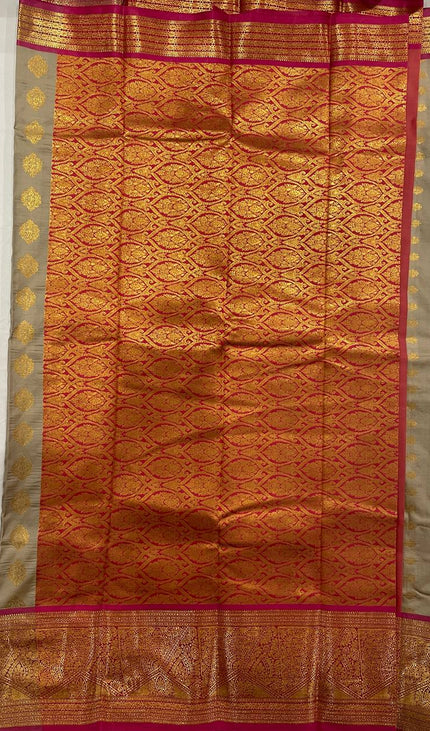 Semi Kanjivaram Silk Saree – Ash Grey with Pink Zari Border|S22_3
