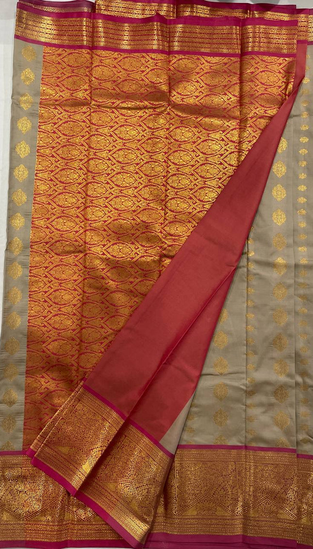 Semi Kanjivaram Silk Saree – Ash Grey with Pink Zari Border|S22_3