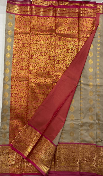 Semi Kanjivaram Silk Saree – Ash Grey with Pink Zari Border|S22_3