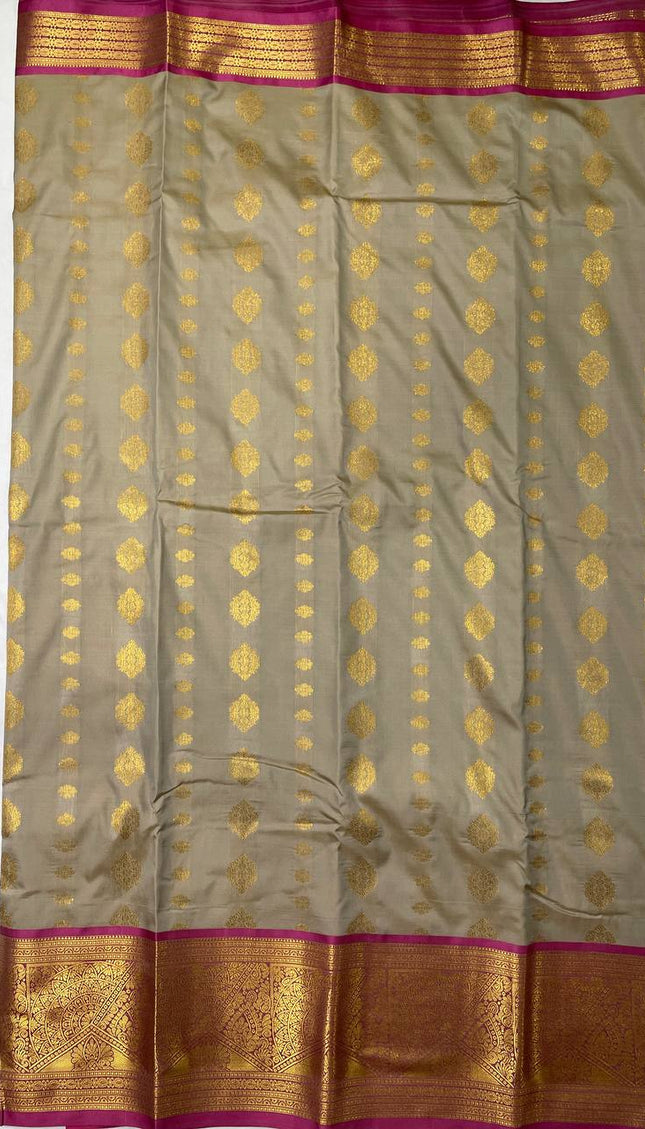 Semi Kanjivaram Silk Saree – Ash Grey with Pink Zari Border|S22_3