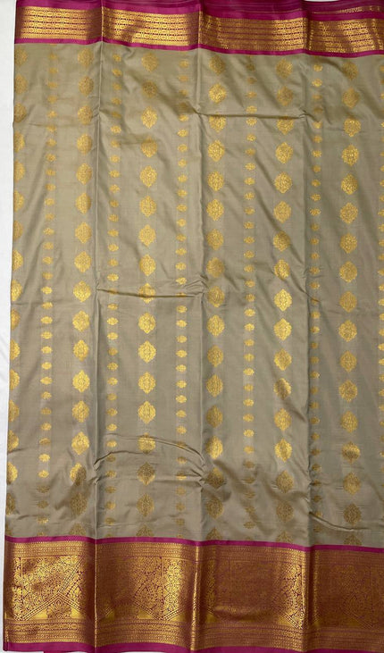 Semi Kanjivaram Silk Saree – Ash Grey with Pink Zari Border|S22_3