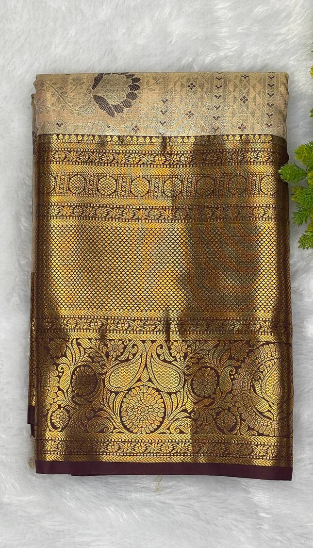 Tissue Silk Saree – Peach Gold with Rich Zari Border|S23_1