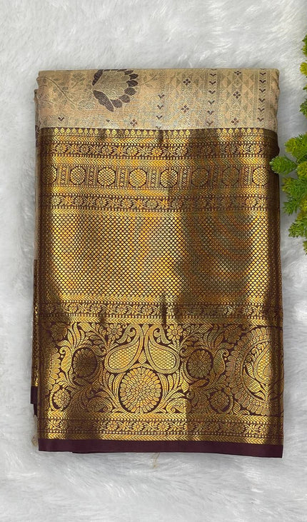 Tissue Silk Saree – Peach Gold with Rich Zari Border|S23_1