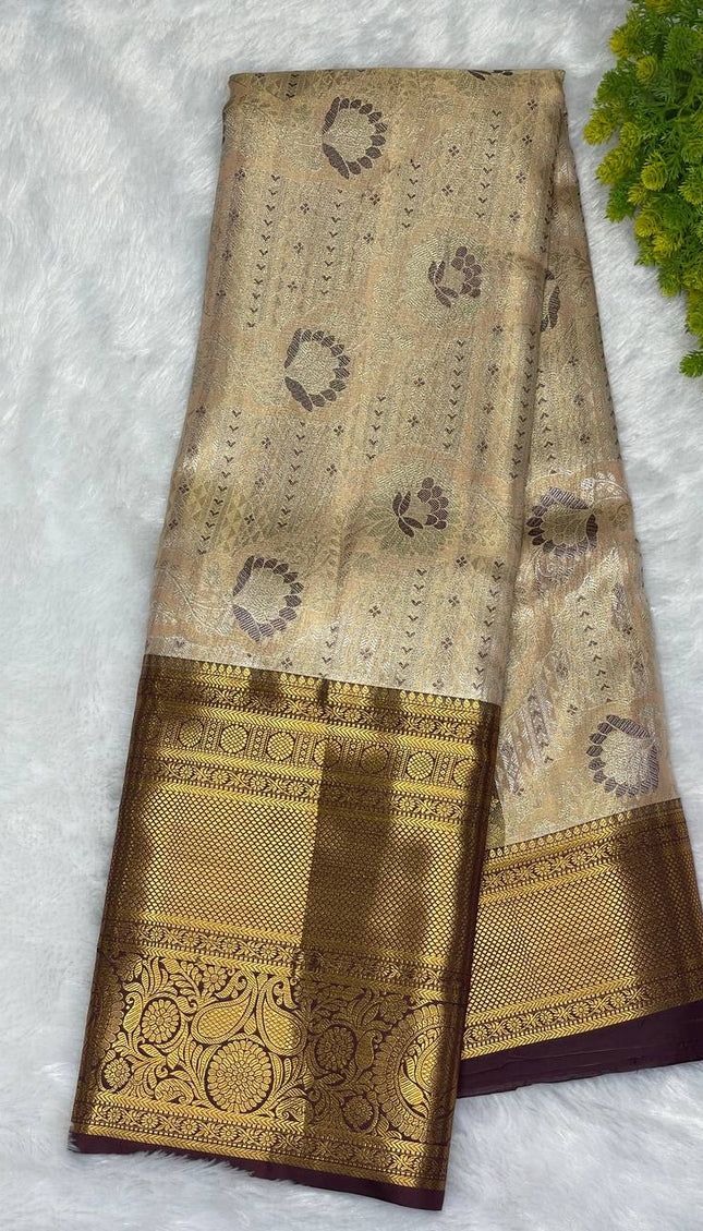 Tissue Silk Saree – Peach Gold with Rich Zari Border|S23_1