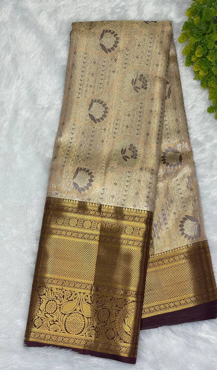 Tissue Silk Saree – Peach Gold with Rich Zari Border|S23_1