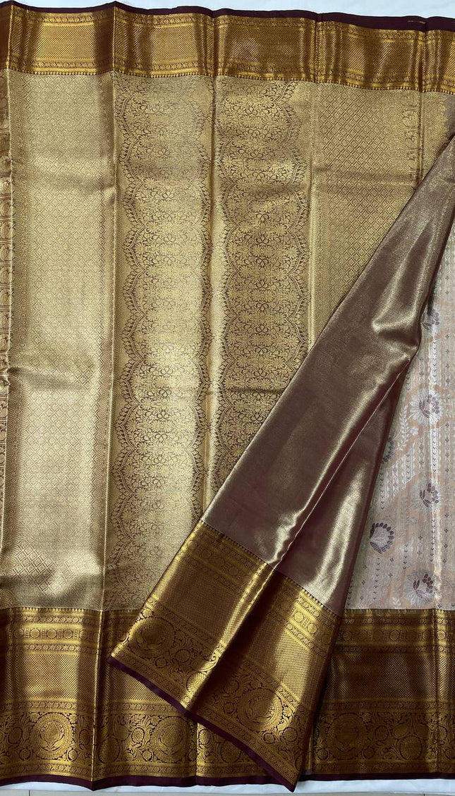 Tissue Silk Saree – Peach Gold with Rich Zari Border|S23_1