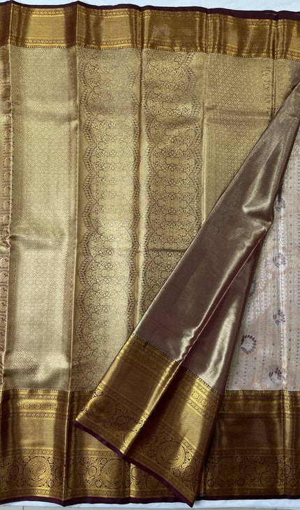 Tissue Silk Saree – Peach Gold with Rich Zari Border|S23_1