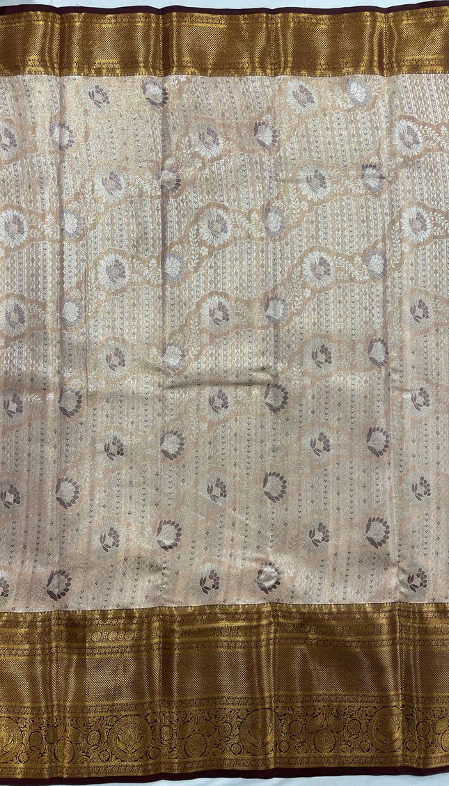 Tissue Silk Saree – Peach Gold with Rich Zari Border|S23_1