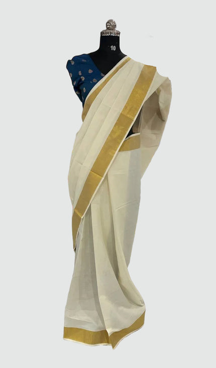 Kerala Cotton Saree –Vishu Special Off-White & Gold Zari Border|V1