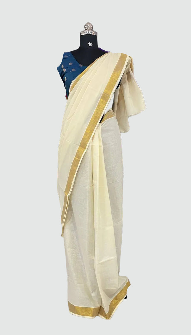 Kerala Cotton Saree –Vishu Special Off-White & Gold Small Zari Border|V2