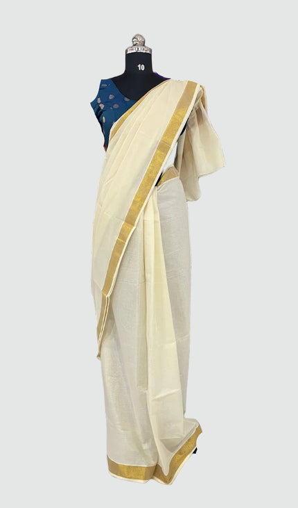 Kerala Cotton Saree –Vishu Special Off-White & Gold Small Zari Border|V2