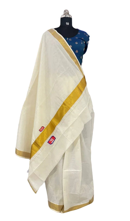 Kerala Cotton Saree –Vishu Special Off-White & Gold Small Zari Border|V2