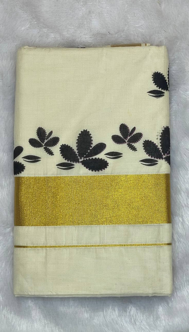 Off-White Kerala Printed Cotton Saree –Vishu Special  |V4