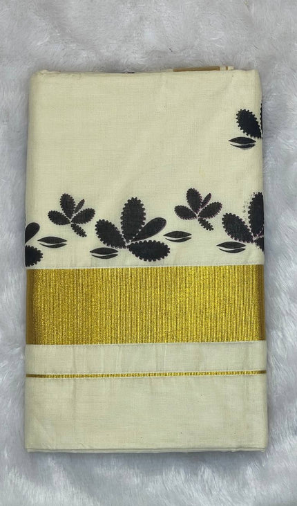 Off-White Kerala Printed Cotton Saree –Vishu Special  |V4