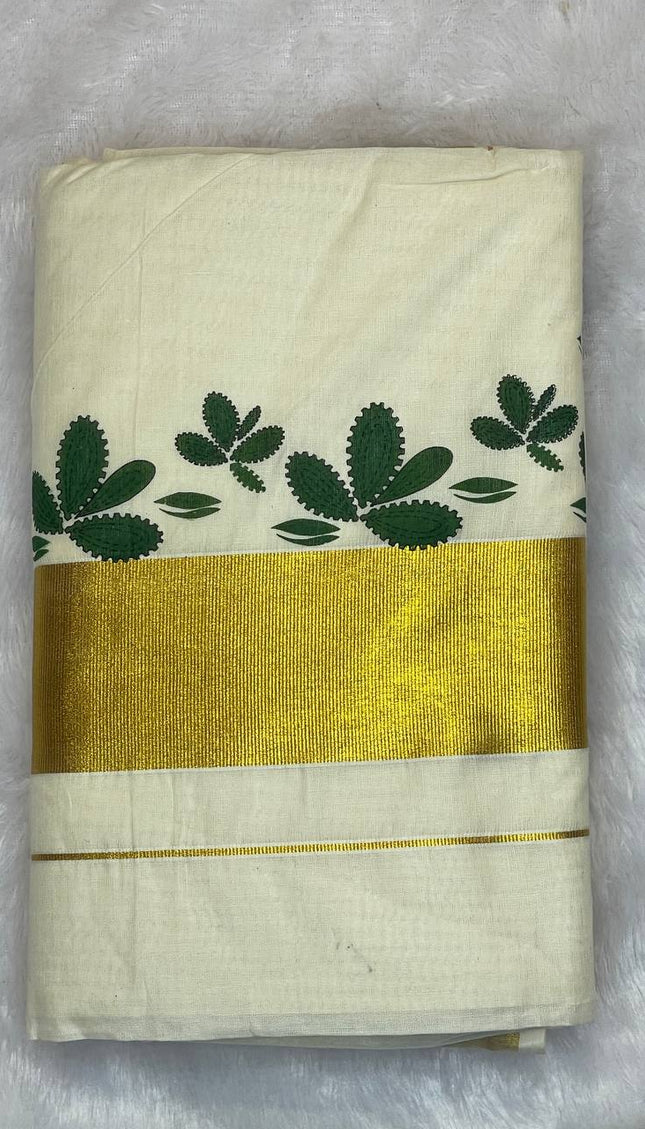 Off-White Kerala Printed Cotton Saree –Vishu Special |V4