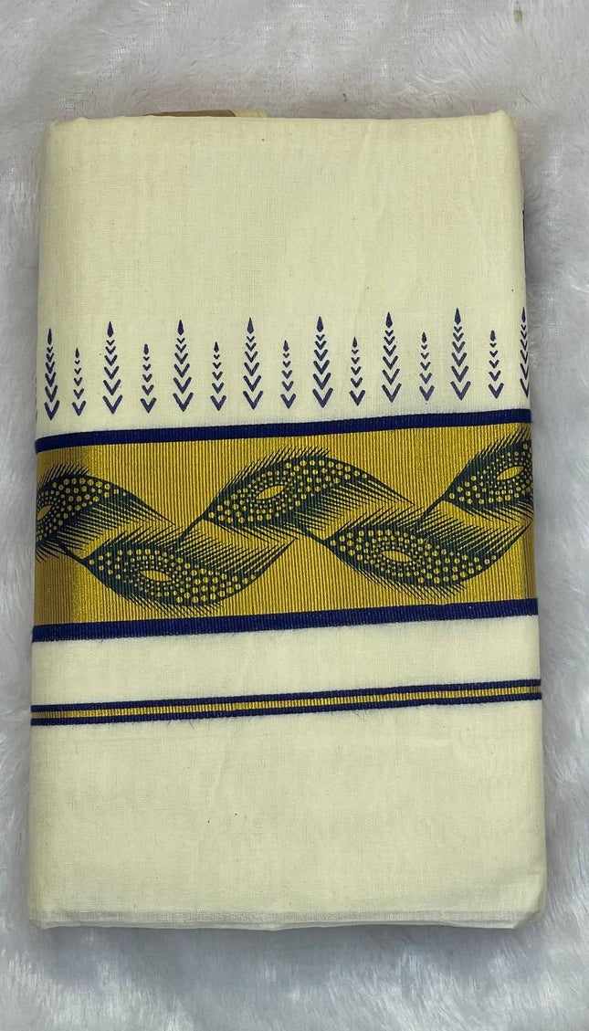 Off-White Kerala Printed Cotton Saree –Vishu Special |V4