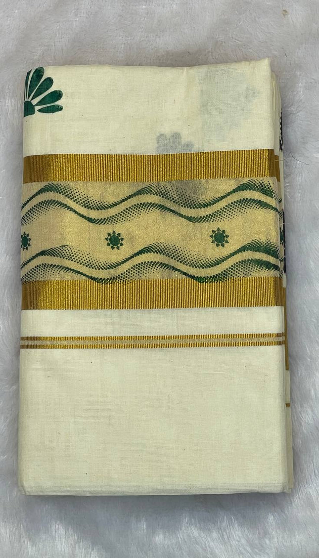 Off-White Kerala Printed Cotton Saree –Vishu Special |V4