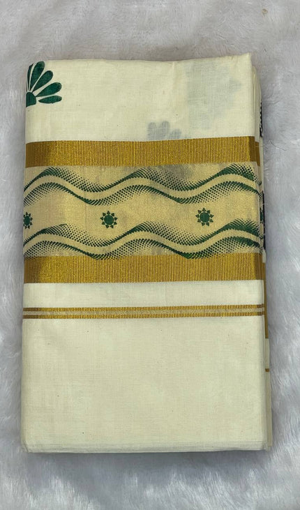 Off-White Kerala Printed Cotton Saree –Vishu Special |V4