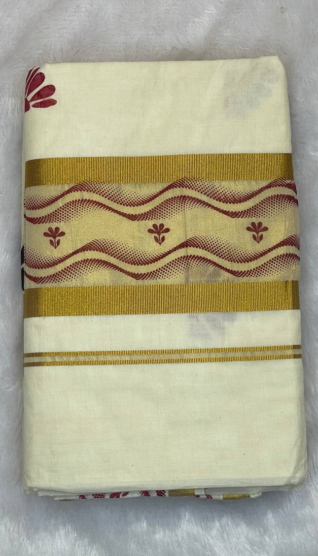 Off-White Kerala Printed Cotton Saree –Vishu Special |V4