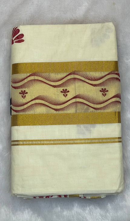 Off-White Kerala Printed Cotton Saree –Vishu Special |V4