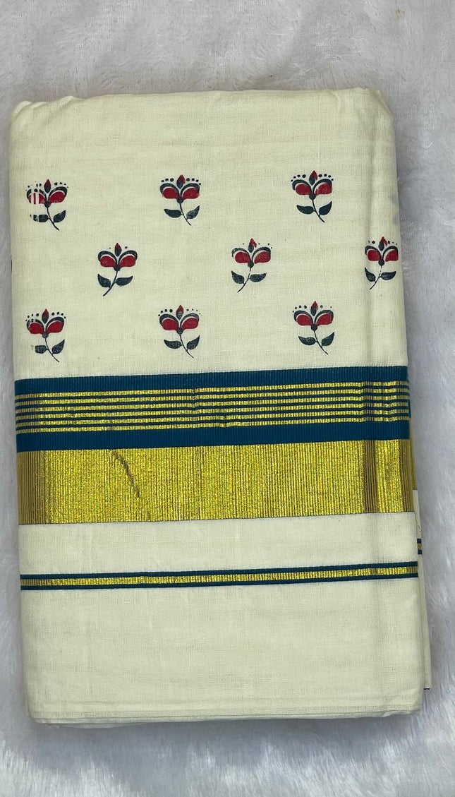 Off-White Kerala Printed Cotton Saree –Vishu Special |V4