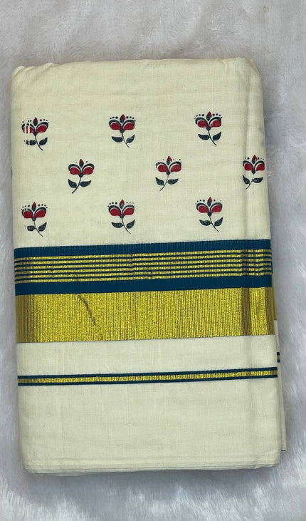 Off-White Kerala Printed Cotton Saree –Vishu Special |V4