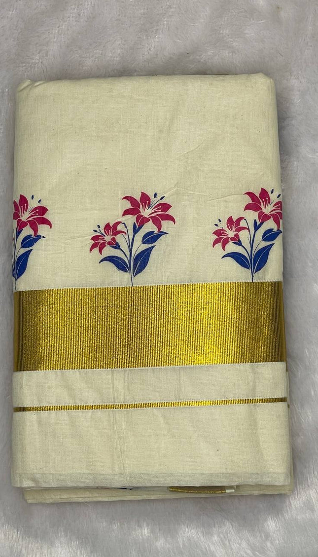 Off-White Kerala Printed Cotton Saree –Vishu Special |V4