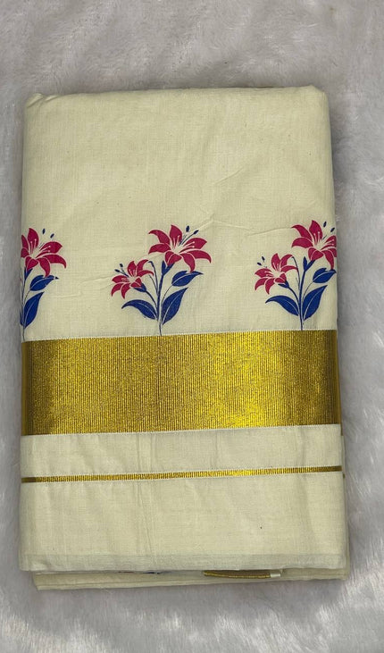 Off-White Kerala Printed Cotton Saree –Vishu Special |V4