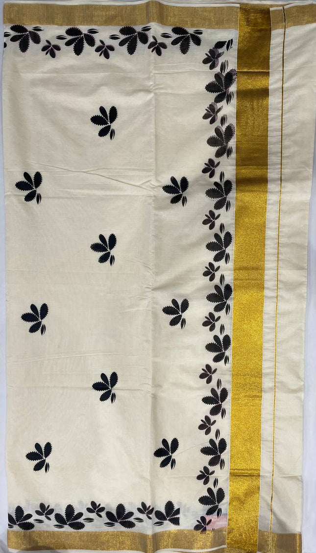 Off-White Kerala Printed Cotton Saree –Vishu Special  |V4