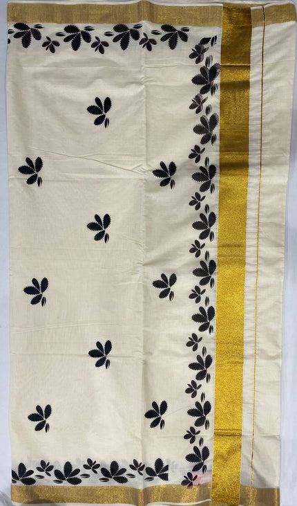 Off-White Kerala Printed Cotton Saree –Vishu Special  |V4