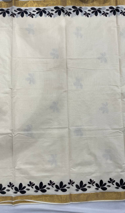 Off-White Kerala Printed Cotton Saree –Vishu Special  |V4
