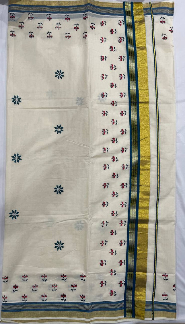 Off-White Kerala Printed Cotton Saree –Vishu Special |V4