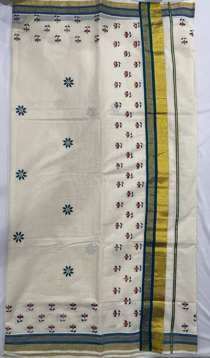 Off-White Kerala Printed Cotton Saree –Vishu Special |V4