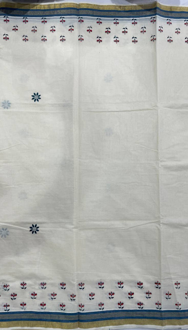 Off-White Kerala Printed Cotton Saree –Vishu Special |V4