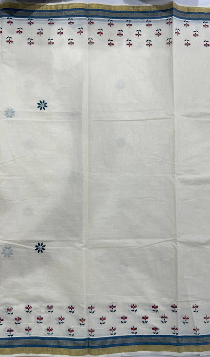Off-White Kerala Printed Cotton Saree –Vishu Special |V4