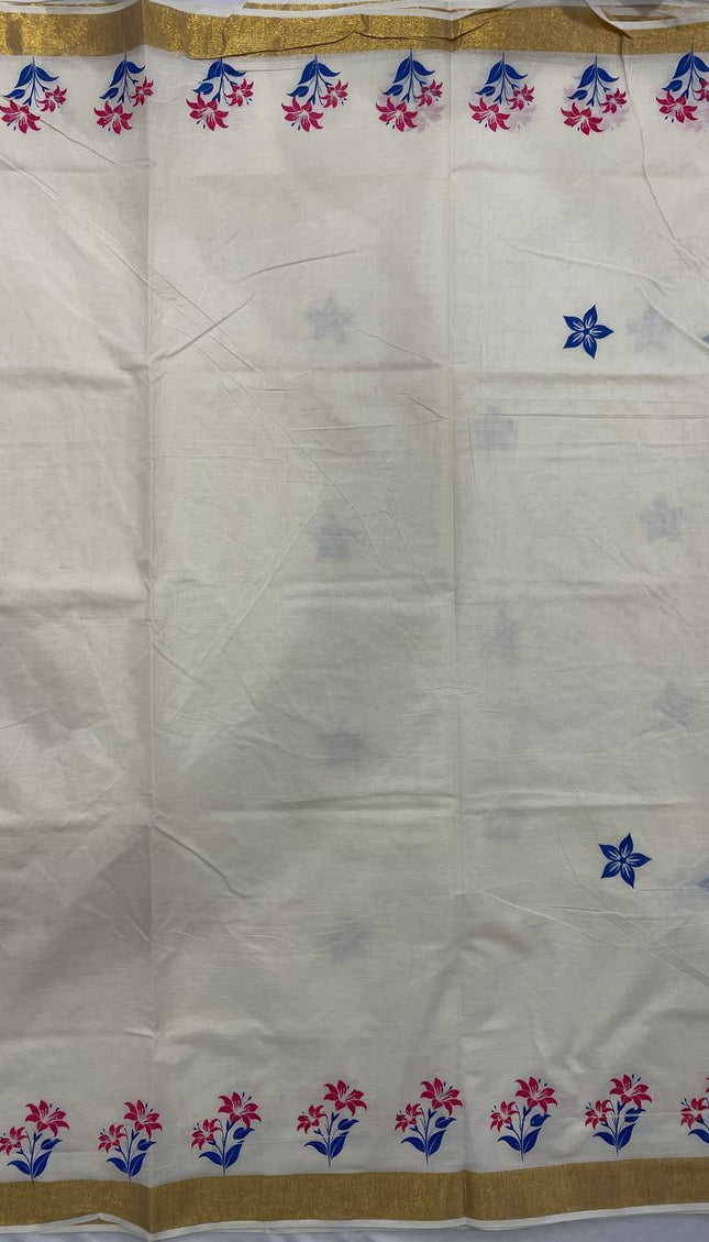 Off-White Kerala Printed Cotton Saree –Vishu Special |V4