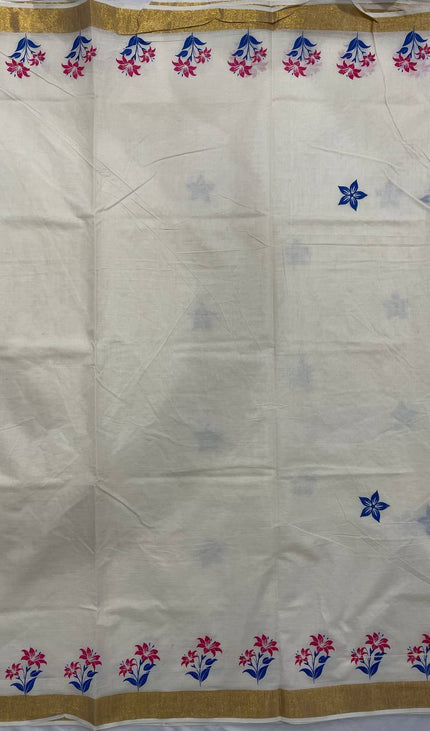 Off-White Kerala Printed Cotton Saree –Vishu Special |V4
